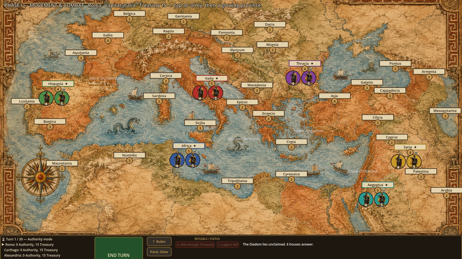The Grand Campaign board: six houses spread across a painted map of the ancient Mediterranean
