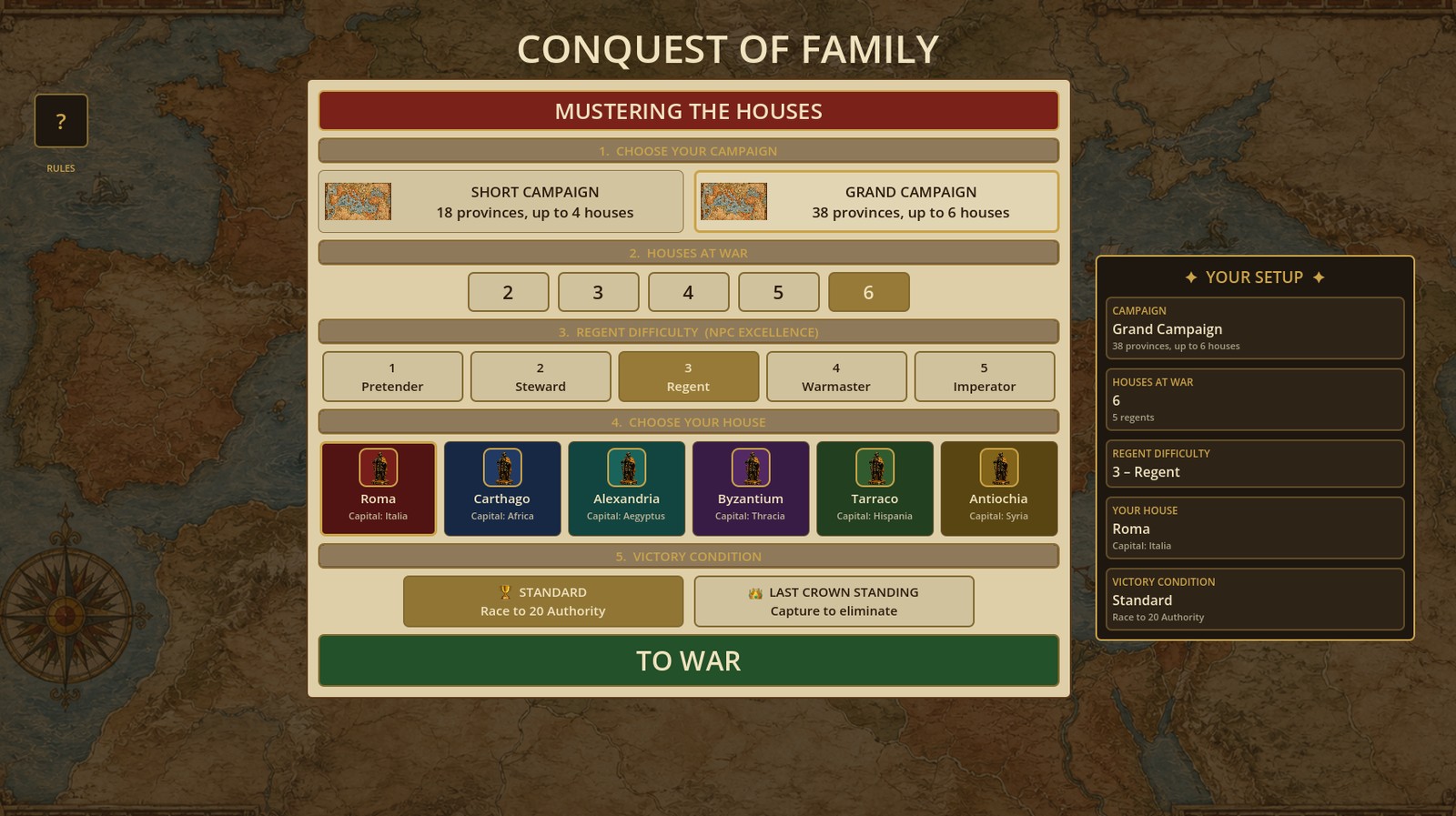 Setup screen: choosing campaign, houses at war, regent difficulty, dynasty, and victory condition