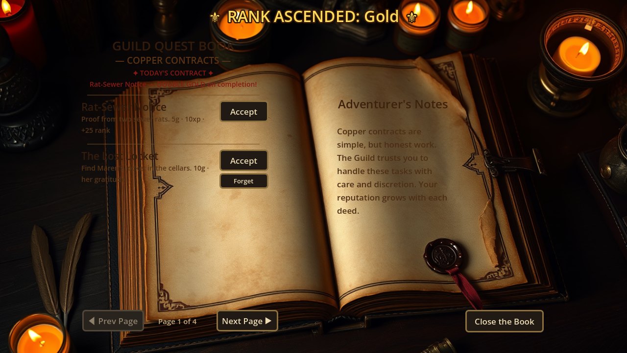 The Guild Quest Book, an open painted ledger with contracts and an accept plaque