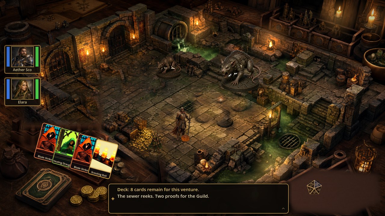 Turn-based combat on a candlelit tabletop: painted rat miniatures, a hand of action cards, and a dice tray