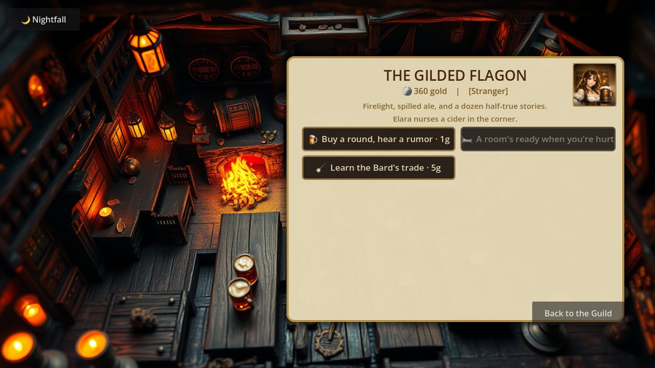 The Gilded Flagon tavern with barkeep Maren, rumors, and a room to rest