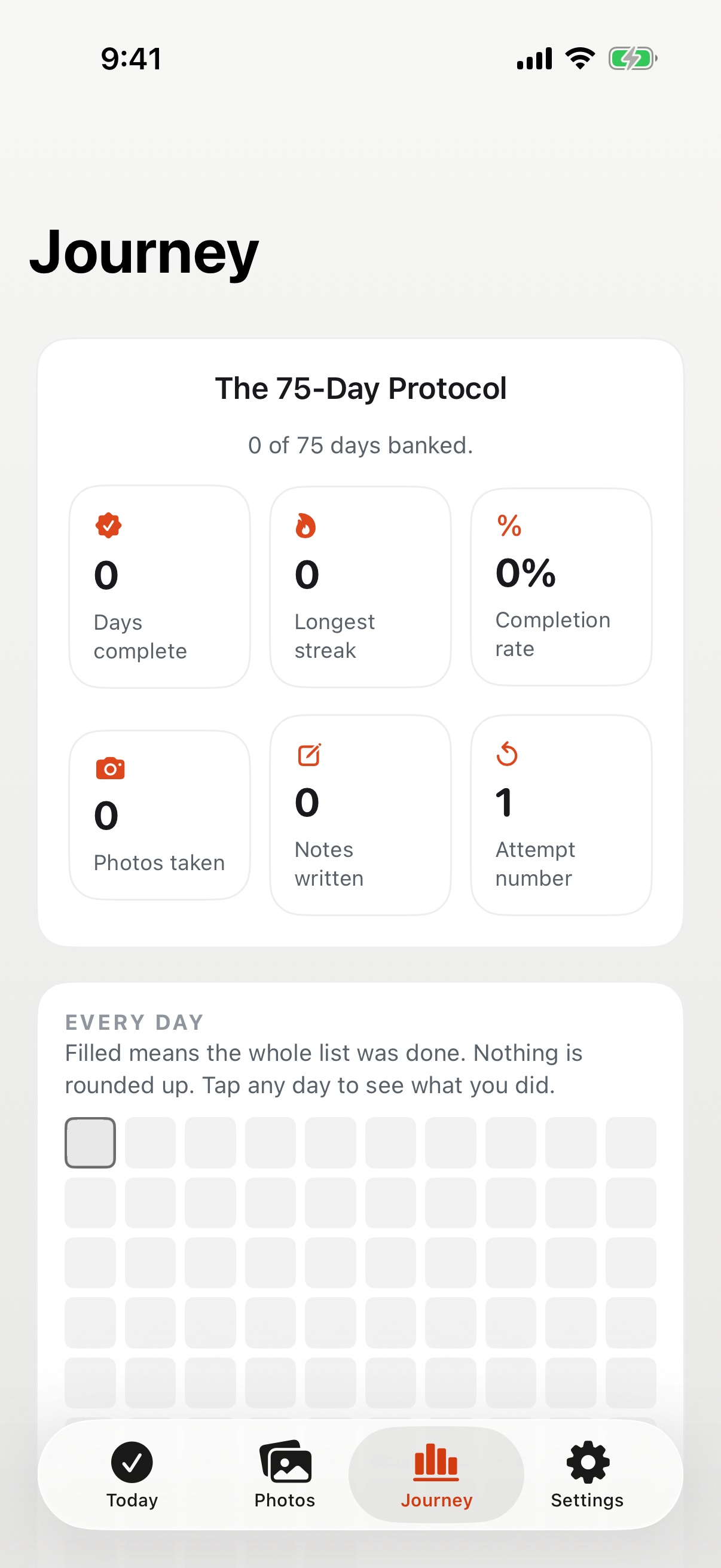 75 Ironclad Journey screen showing completion statistics and the 75-day record grid