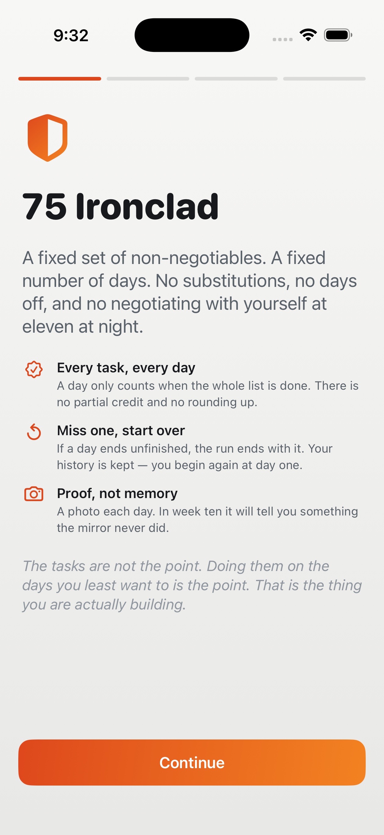 75 Ironclad opening screen explaining every task every day, restart on a miss, and progress photos