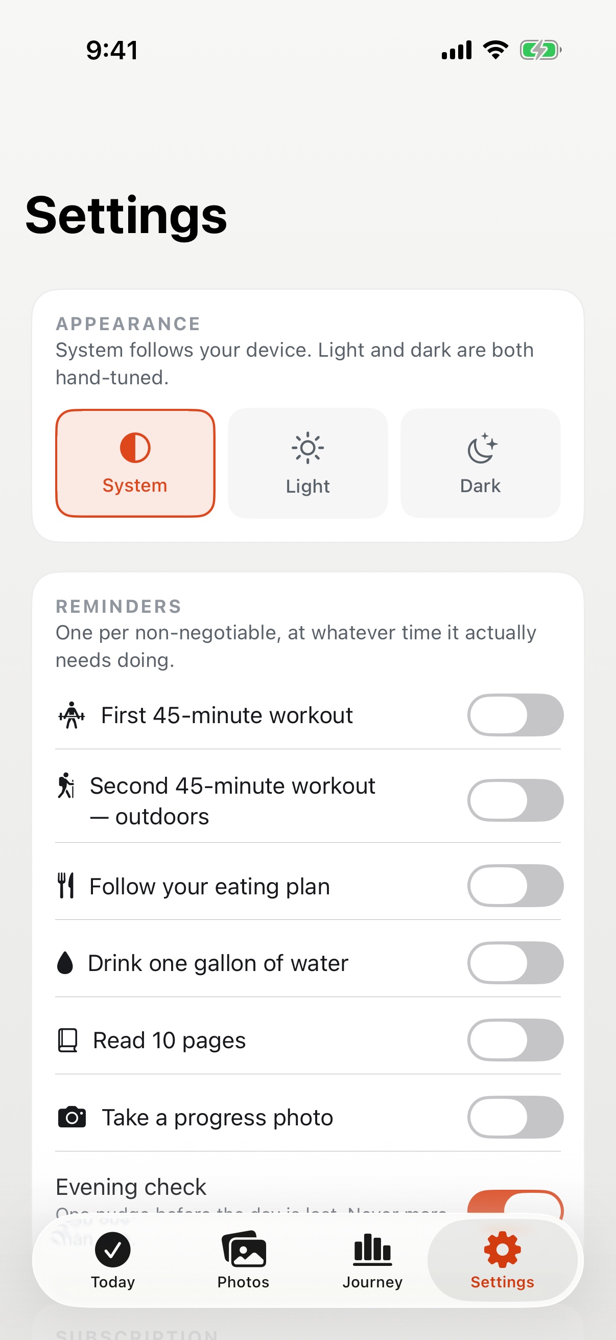 75 Ironclad Settings screen showing appearance choices and task-specific reminders