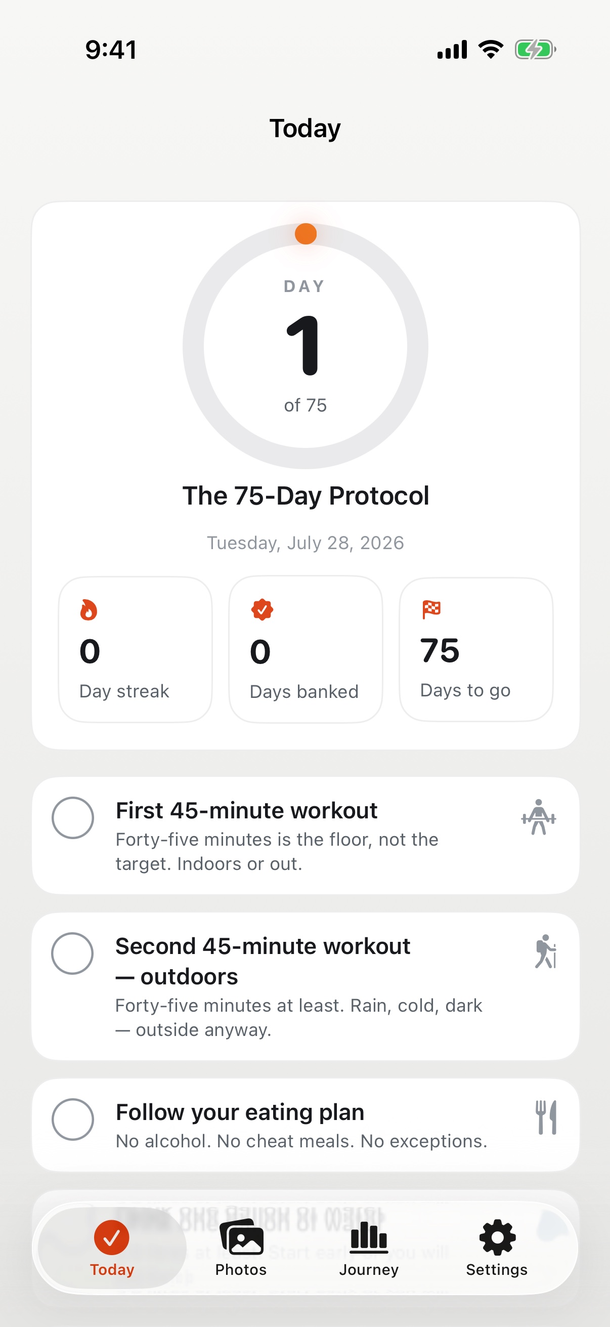 75 Ironclad Today screen showing day one, progress, and the daily checklist