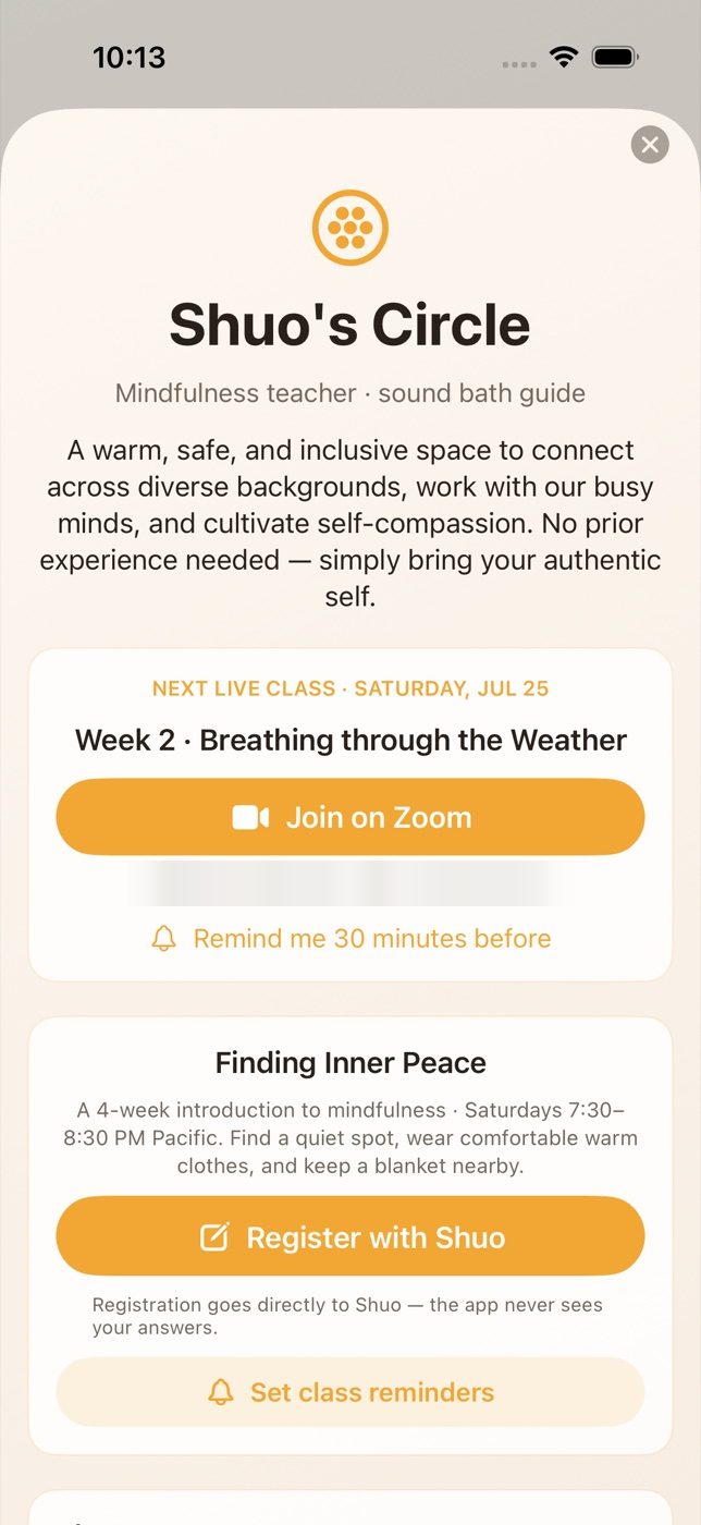 Shuo's Circle screen with live class, enroll, and journey timeline