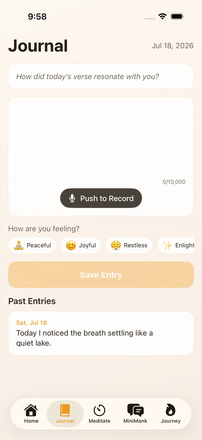 Journal screen with verse prompt and voice recording