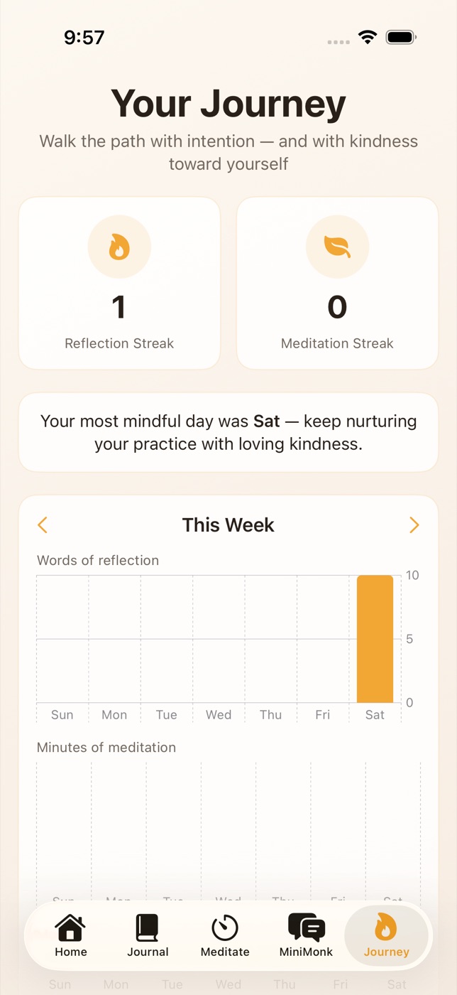Journey screen with streaks and weekly charts