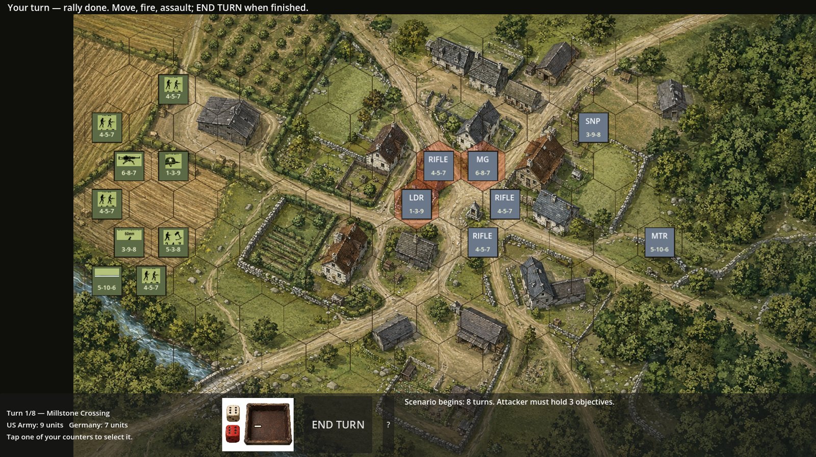 Squad Front battle: US counters advancing on a painted crossroads village under an engine-drawn hex grid