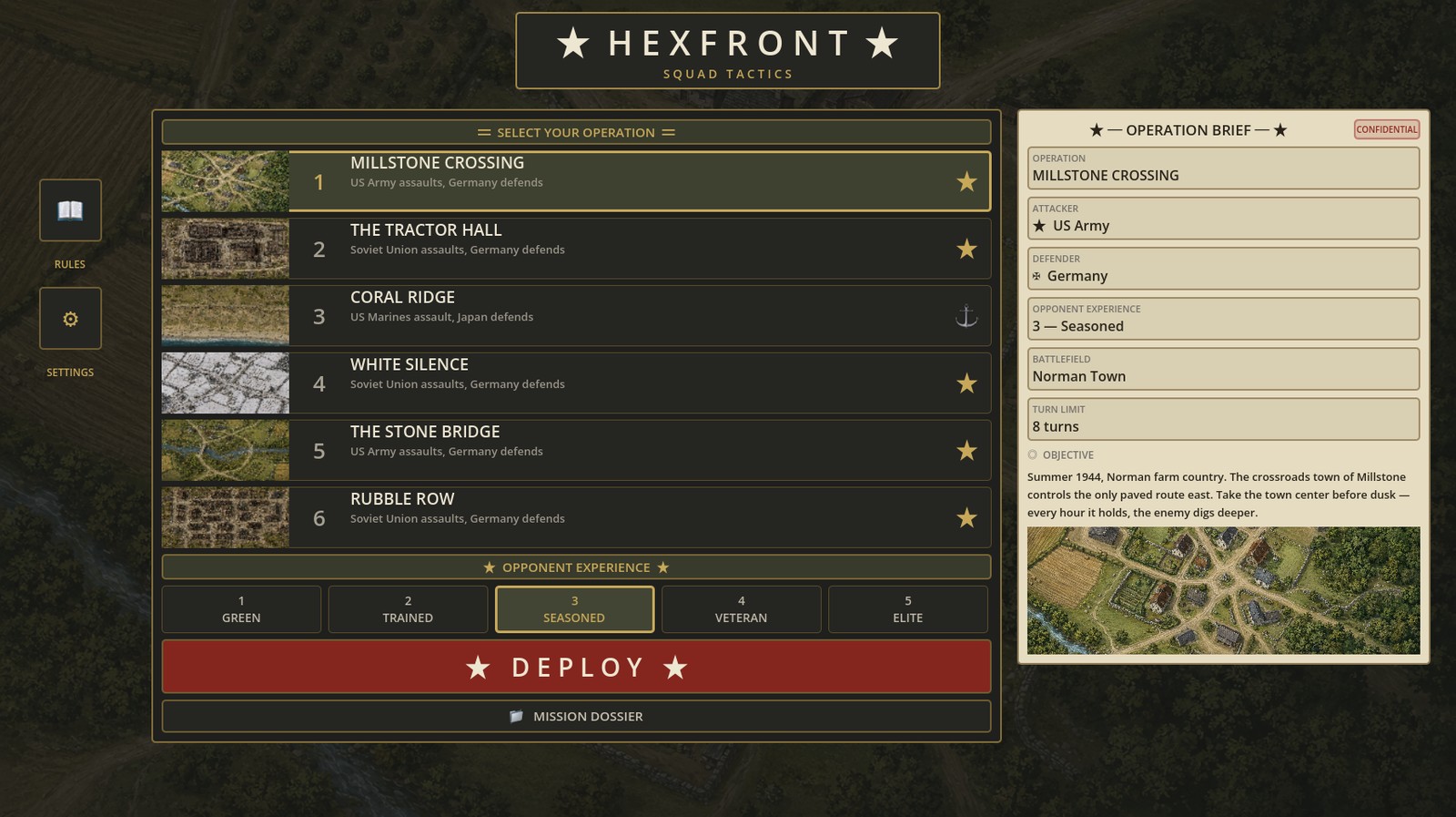 Squad Front mission select: six operations with board thumbnails, opponent experience, and an operation brief