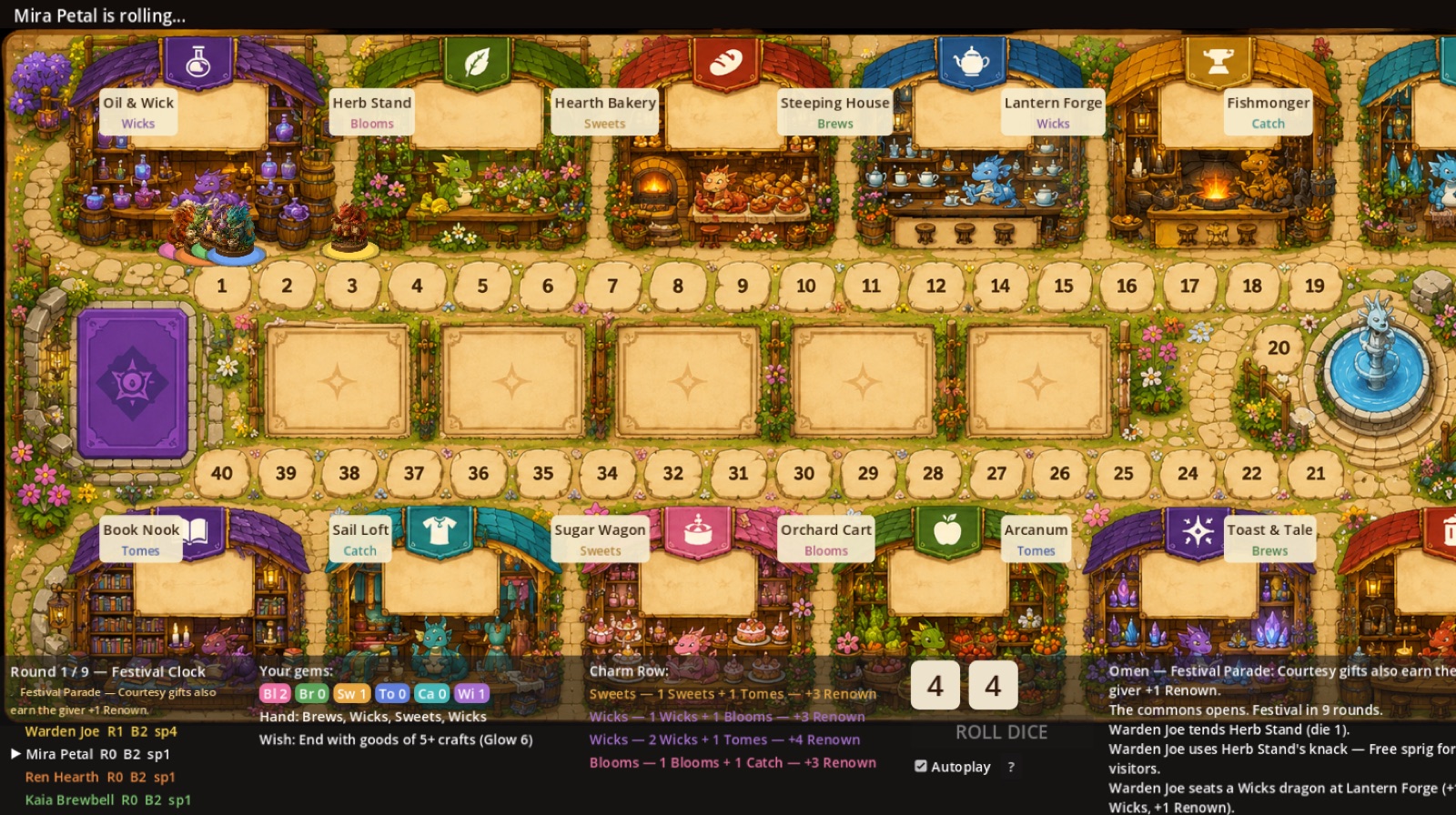 The Wyrmwick Commons board: a painted market street of stalls with a numbered festival track and dice